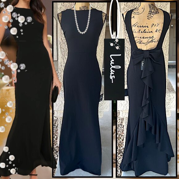 Lulus Exquisite Refinement Black Backless Bow Ruffled Maxi Dress Size L - Picture 1 of 13